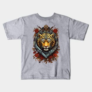 Tiger Coat of Arms Heraldic retro vintage floral design Kids T-Shirt